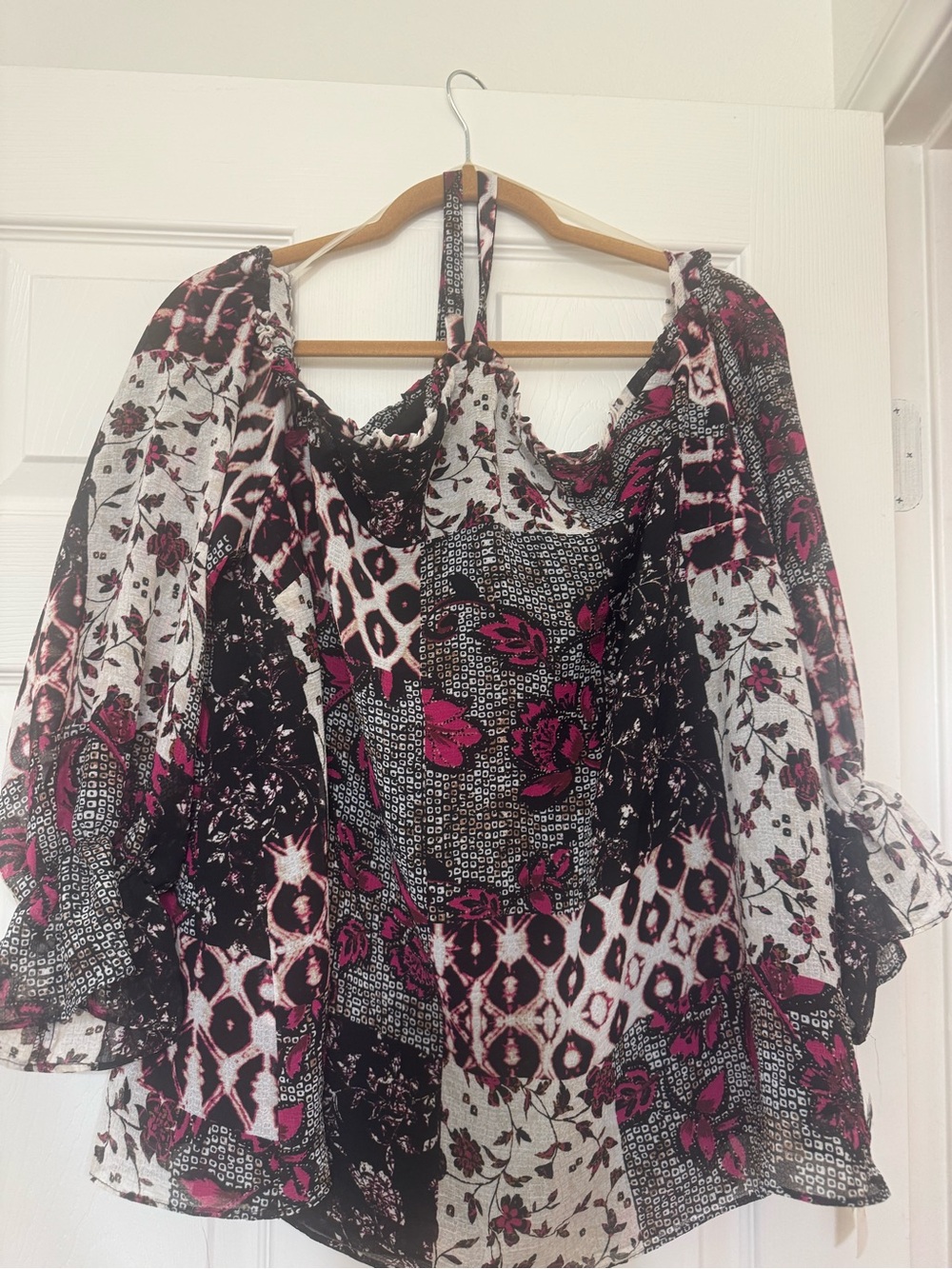 INC International Concepts Black and Magenta Patchwork Off-Shoulder Blouse